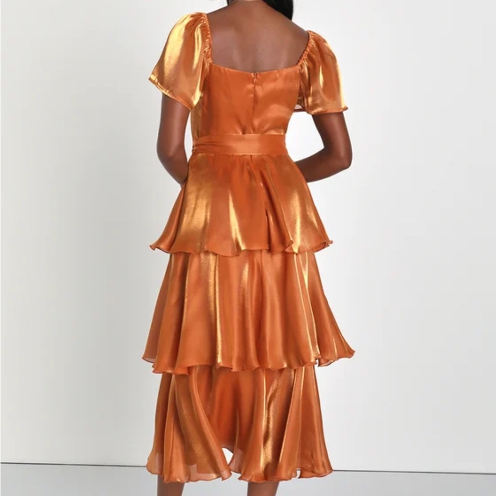 Lulus Glowing Rust Orange Flutter Sleeve Midi Dre… - image 2